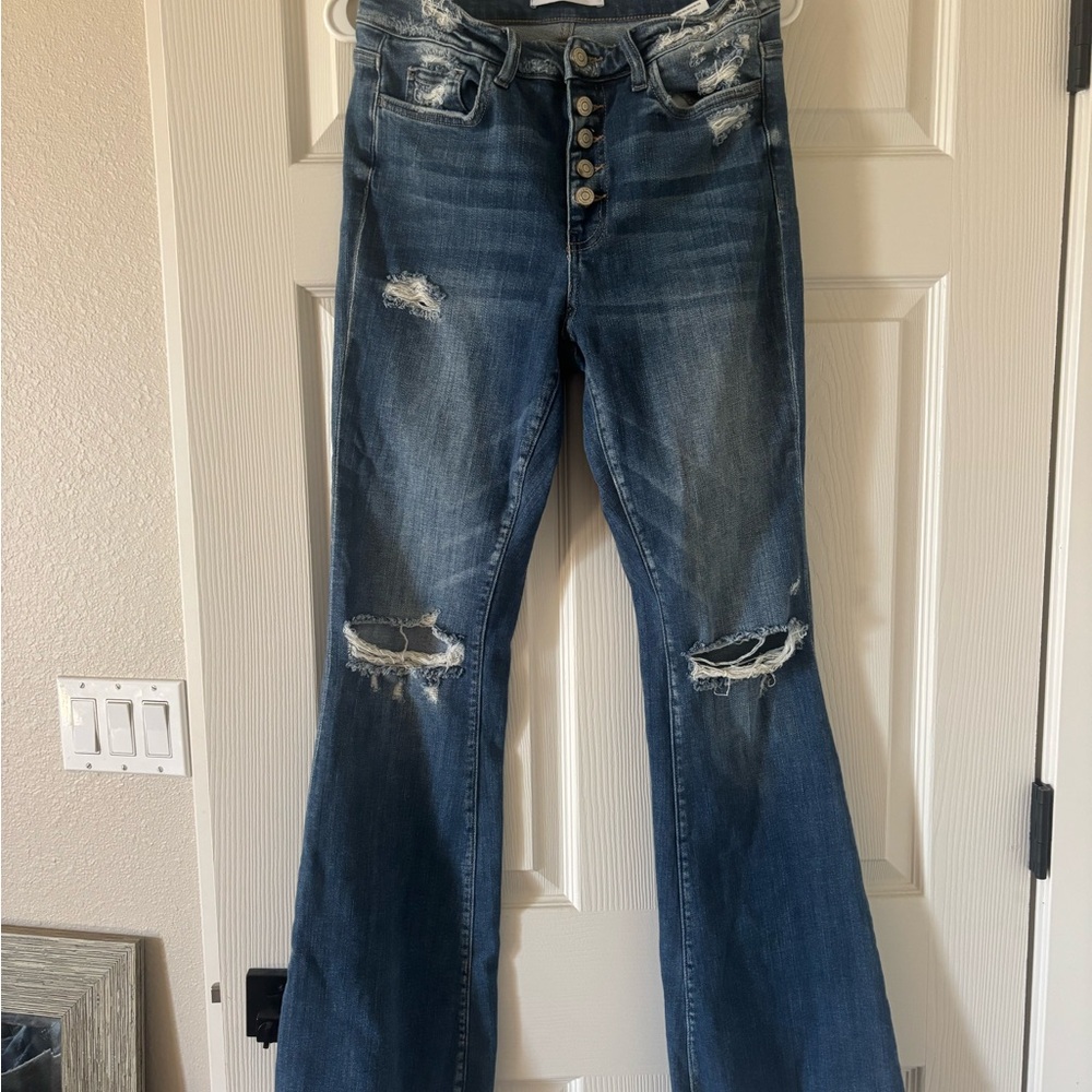 Flying Monkey Distressed Flare Jeans - Blue